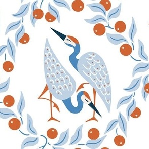 cranes with fruit/rust and blue on pure white