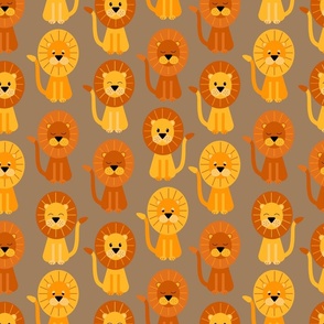 Cute geometric lions sitting on a taupe brown background - medium scale 