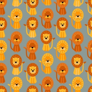 Cute geometric lions sitting on a cool gray background - medium scale