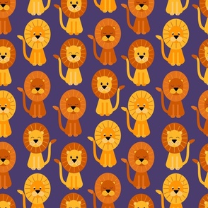 Cute geometric lions sitting on a dark purple background - medium scale