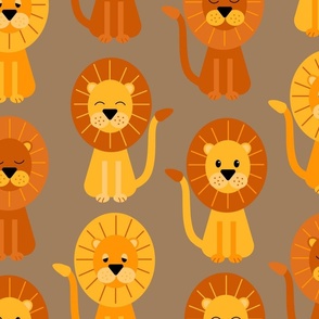 Cute geometric lions sitting on a taupe brown background - large scale