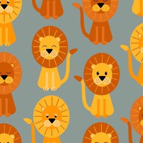 Cute geometric lions sitting on a cool gray background - large scale