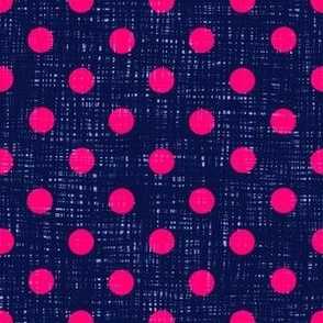 Euphoric Spring textured polka dots on loosely woven textured background Bright pink spots on dark blue weave small