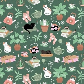Sweet cat morning - sleeping cats and kittens plant lady socks books and tea hygge cozy Scandinavian home design blush mint on pine green