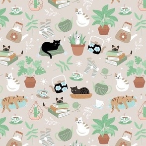 Sweet cat morning - sleeping cats and kittens plant lady socks books and tea hygge cozy Scandinavian home design mint blue green on sand