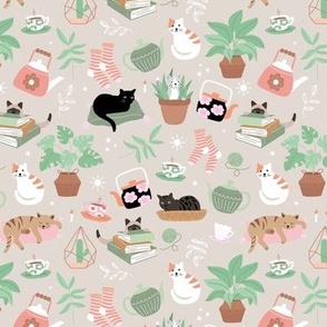 Sweet cat morning - sleeping cats and kittens plant lady socks books and tea hygge cozy Scandinavian home design blush mint green on tan beige
