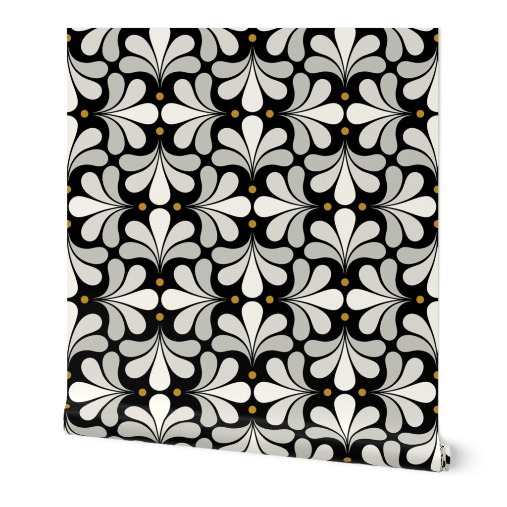 Blooming Art Deco- Geometric Floral- Classic Minimalist Flowers- Neutral Mid Century Modern Wallpaper- 20s- 70s Vintage