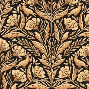 Art Deco Fanned Florals with Crows - gold and charcoal black - large