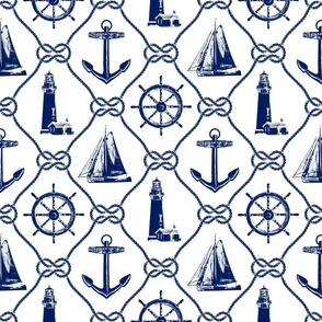 Nautical Rope Grid White Navy Blue