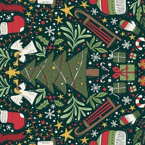 Maximalist Christmas - dark green - tea towel / wall hanging optimized