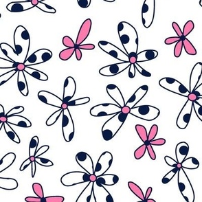Tossed Irregular Shape Flowers with Navy Blue Polka Dots and Pink Flowers Non Directional