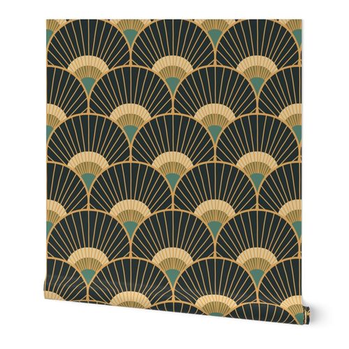 Art Deco Peacock Feather Scallop teal gold charcoal 8 wallpaper scale by Pippa Shaw