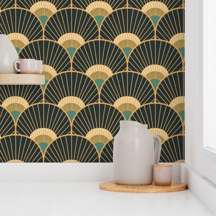 Art Deco Peacock Feather Scallop teal gold charcoal 8 wallpaper scale by Pippa Shaw