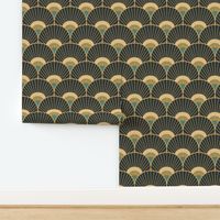 Art Deco Peacock Feather Scallop teal gold charcoal 8 wallpaper scale by Pippa Shaw