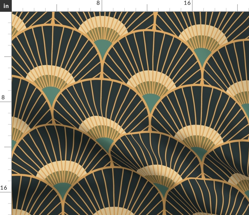 Art Deco Peacock Feather Scallop teal gold charcoal 8 wallpaper scale by Pippa Shaw