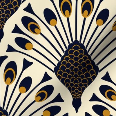 art deco peacock wallpaper deep navy blue and gold Large