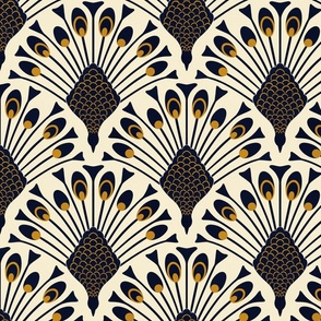 art deco peacock wallpaper deep navy blue and gold Large