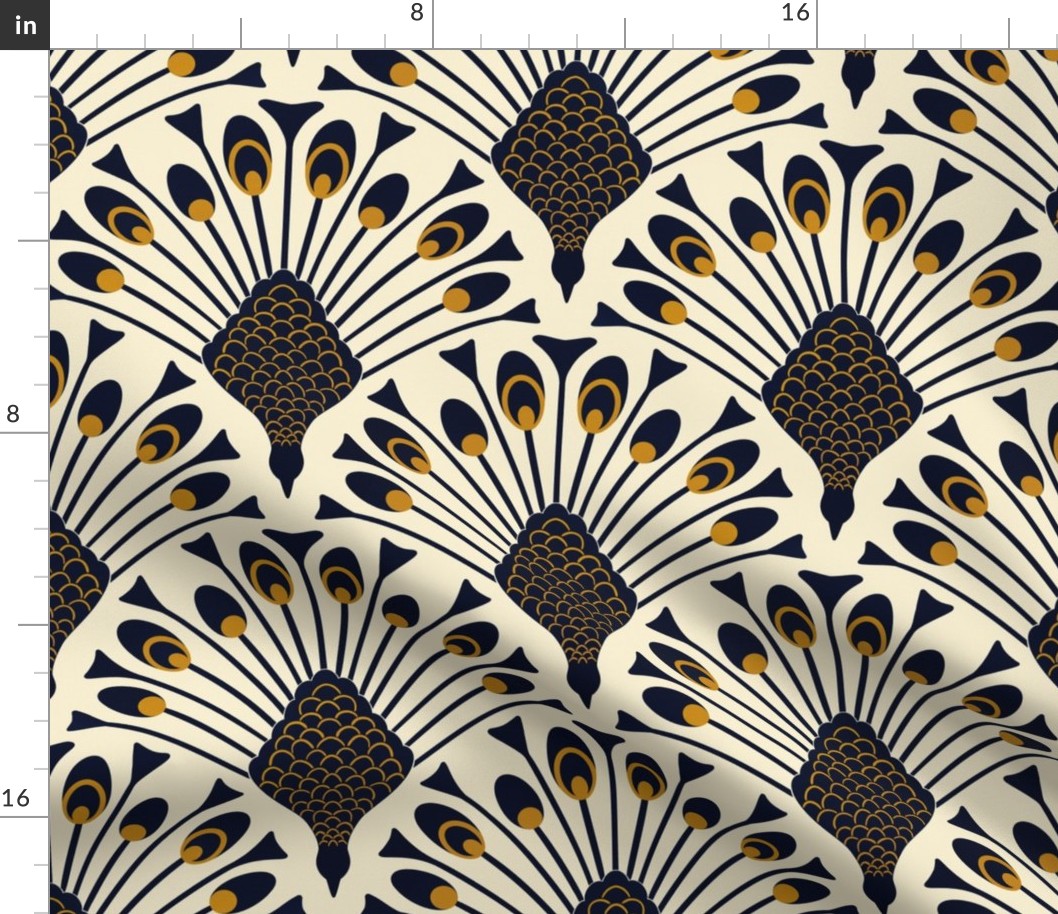 art deco peacock wallpaper deep navy blue and gold Large