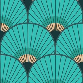 Art Deco Peacock Feather Fan Scallop turquoise XL 12in wallpaper scale by Pippa Shaw