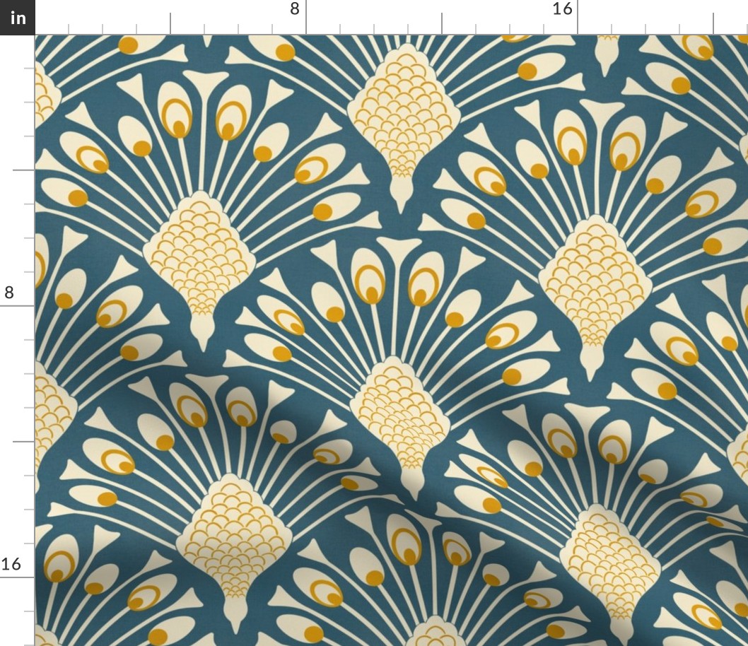 art deco peacock wallpaper Classic blue and gold Large