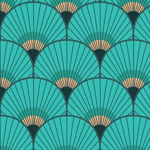 Art Deco Peacock Feather Fan Scallop turquoise 8in wallpaper scale by Pippa Shaw