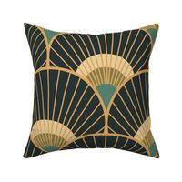 Art Deco Peacock Feather Fan Scallop teal gold charcoal XL 12 wallpaper scale by Pippa Shaw
