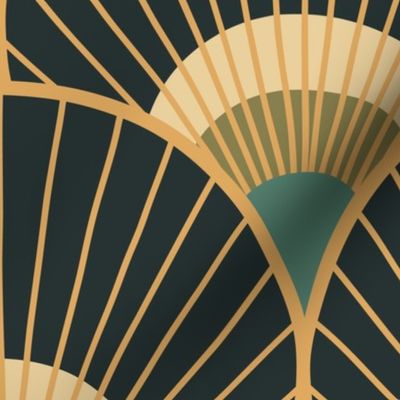 Art Deco Peacock Feather Fan Scallop teal gold charcoal XL 12 wallpaper scale by Pippa Shaw