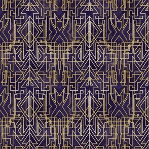 Gold Art Deco Tribal - Textured Geometrical Lines on Blue 