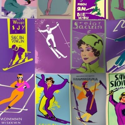 vintage women skier in purples 