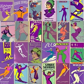 vintage women skier in purples 