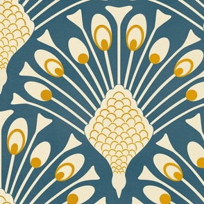 art deco peacock wallpaper classic blue and gold XL