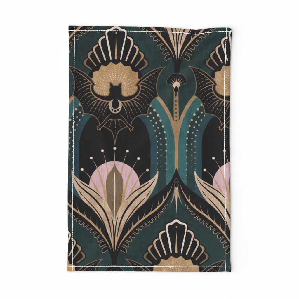 Elegant Art Deco bats and flowers - Teal, gold, black and pink - jumbo