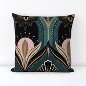 Elegant Art Deco bats and flowers - Teal, gold, black and pink - jumbo