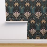 Elegant Art Deco bats and flowers - Teal, gold, black and pink - jumbo