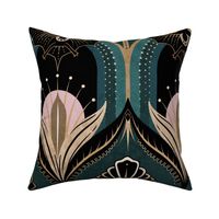 Elegant Art Deco bats and flowers - Teal, gold, black and pink - jumbo