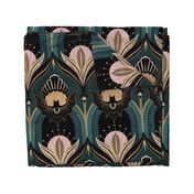 Elegant Art Deco bats and flowers - Teal, gold, black and pink - jumbo