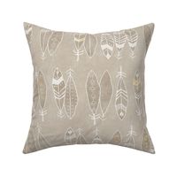 Feathers in White and Gold on Sand (xl scale) | Hand drawn feather pattern, feather fabric in fresh white and gold on taupe linen pattern.