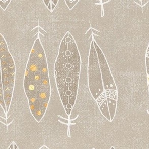 Feathers in White and Gold on Sand (xl scale) | Hand drawn feather pattern, feather fabric in fresh white and gold on taupe linen pattern.