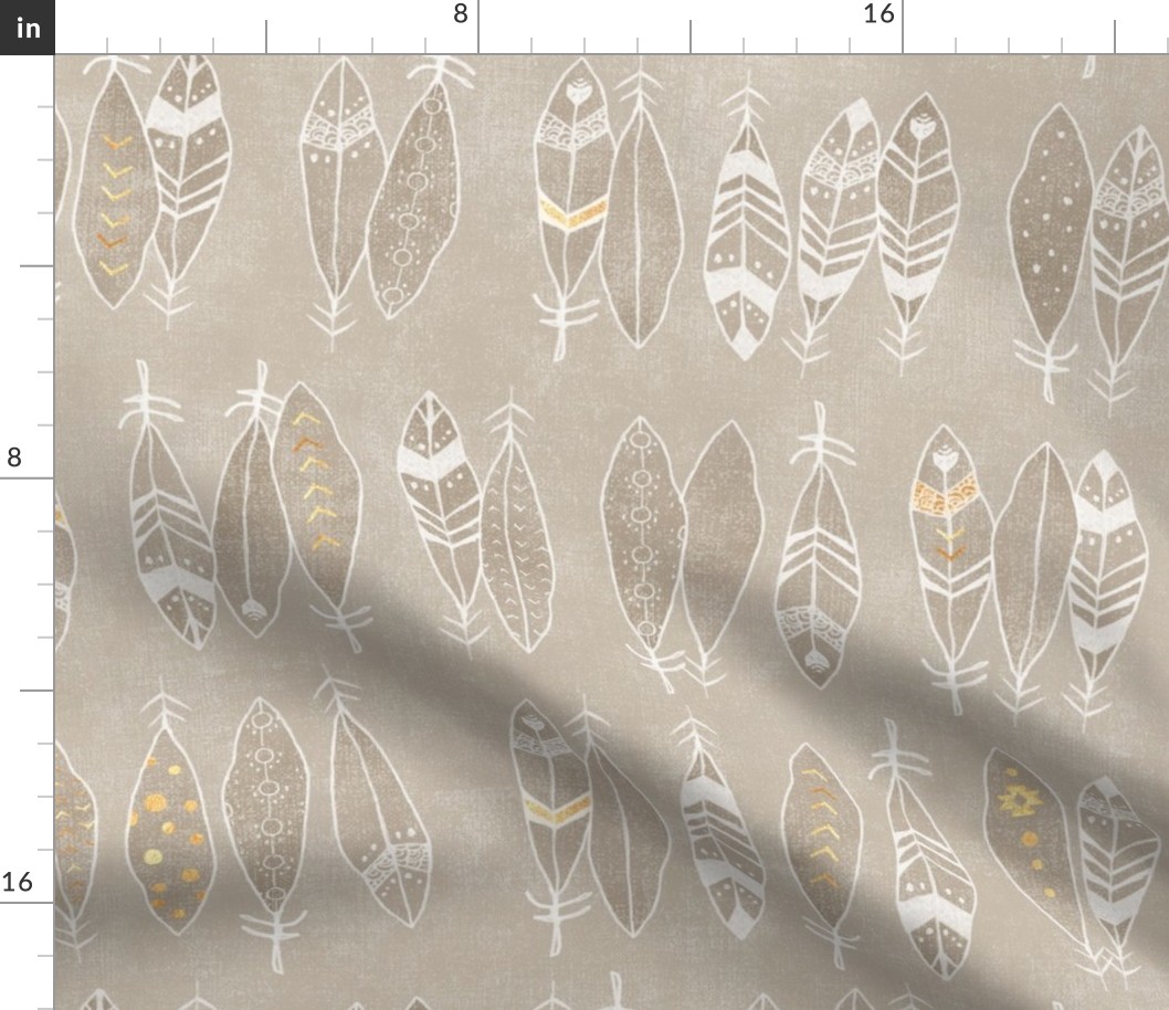 Feathers in White and Gold on Sand (xl scale) | Hand drawn feather pattern, feather fabric in fresh white and gold on taupe linen pattern.