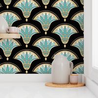  Art Deco Egyptian Lotus Gold Turquoise on a Black 1920s Wallpaper Challenge Large Scale 