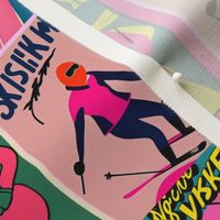 vintage women skier in pink