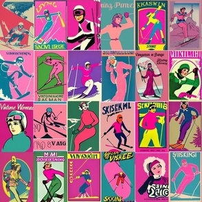 vintage women skier in pink
