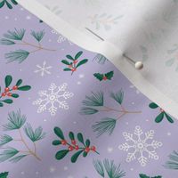 Sweet boho Christmas garden botanical elements mistletoe and pine needles snowflake lilac purple green