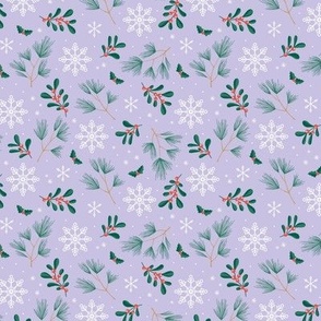 Sweet boho Christmas garden botanical elements mistletoe and pine needles snowflake lilac purple green