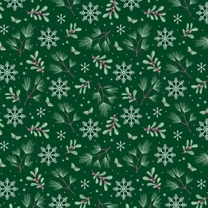 Sweet boho Christmas garden botanical elements mistletoe and pine needles snowflake night pine green mint red