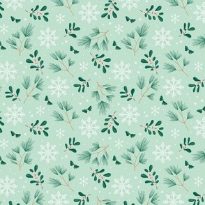 Sweet boho Christmas garden botanical elements mistletoe and pine needles snowflake mint green pine