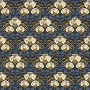 1920s Luxury Deco Floral  - Black, Cream, Gold, Blue - Small