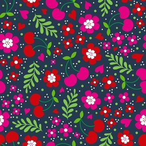 Large Scale Delicious Ditsy Cherries Fun Flowers and Hearts on Navy