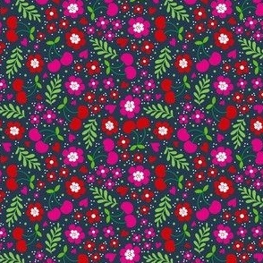 Small Scale Delicious Ditsy Cherries Fun Flowers and Hearts on Navy