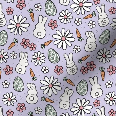 Cutesy easter - little rabbit adorable bunny and easter eggs hunt with carrots and flower blossom kids retro style spring design mustard on tan